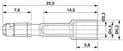 Technický výkres válcové součásti s rozměry v milimetrech: celková délka 25,5, průměr 5,3 dole, 2,3 nahoře.