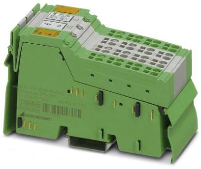 Zelené elektronické zařízení s několika svorkami a popiskami pro elektronické zapojení v průmyslovém prostředí.