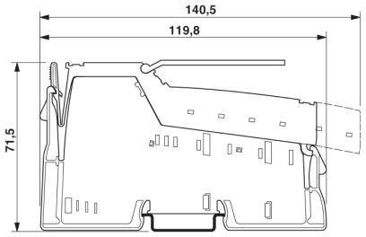 Příčný řez technické komponenty s rozměry: šířka 140,5 mm, hloubka 119,8 mm, výška 71,5 mm.