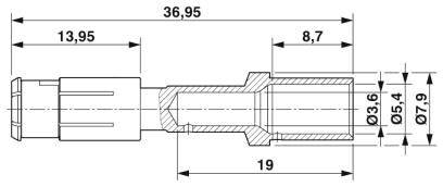 Technický výkres konektoru s rozměry: celková délka 36,95 mm, rozsahy průměrů 3,6 mm a 7,9 mm, vyznačené sekce.