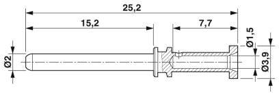 Technický výkres šroubu s rozměry: celková délka 25,2 mm, délka dříku 15,2 mm, hlava 7,7 mm, průměr 2 mm a 3,9 mm.