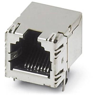 Stříbrný konektor RJ45, často používaný pro ethernetová připojení v síťových zařízeních.