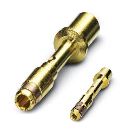 Dva zlaté kovové kolíky různé velikosti, ležící vedle sebe. Používají se v elektronických spojeních.
