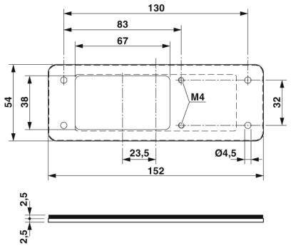 Technický výkres obdélníkového kovového dílu s rozměry: 130x54 mm, s otvory a závitem M4. Boční pohled ukazuje tloušťku 2,5 mm.
