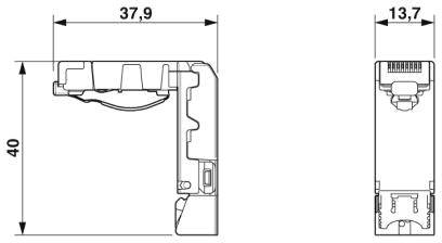 Technický výkres elektrického spojovacího prvku s rozměry: šířka 37,9 mm, výška 40 mm, hloubka 13,7 mm.