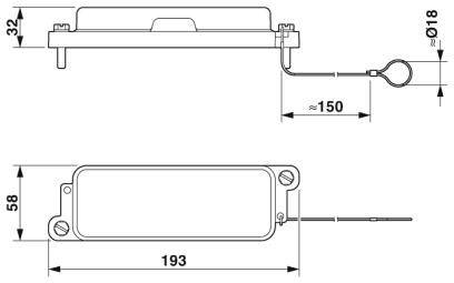 Technický výkres obdélníkového elektronického zařízení s kabelovým připojením. Rozměry: 193 mm délka, 58 mm šířka, 32 mm výška. Průměr kabelu: 18 mm, délka kabelu: 150 mm.