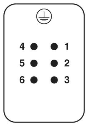 Obrázek šestipolového konektoru s číslováním svorek: 4, 5, 6 vlevo a 1, 2, 3 vpravo, symbol uzemnění nahoře.