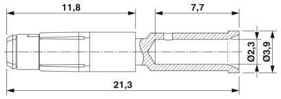 Technický výkres válcové součásti s rozměry 11,8, 7,7 a 21,3 mm. Průměry 2,3 a 3,9 mm. Příčný řez.