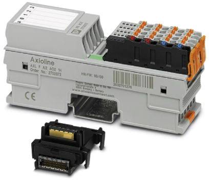 'Zásuvný modul s několika připojeními a elektronickými komponenty vedle dodatečné zásuvné sady. Vhodný pro automatizační systémy.'