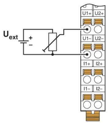 Diagram zobrazuje elektrický obvod s vestavěným odporem, propojený svorkami U1+, U1-, U2+, U2-, I1+, I1-, I2+, I2-.