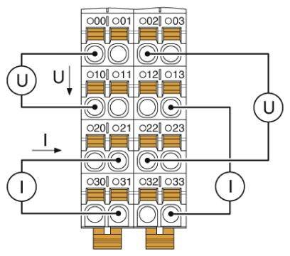 Diagram elektrického rozvaděče s popisky 'U' a 'I' pro napětí a proud. Zobrazuje interní propojení svorek 001 až 032.