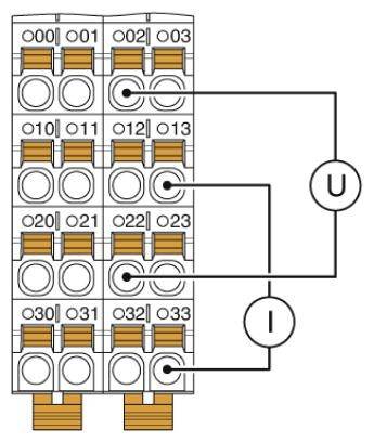 Elektrické schéma zapojení s popisem svorek od 001 do 033 a spojeními označenými jako U a I.