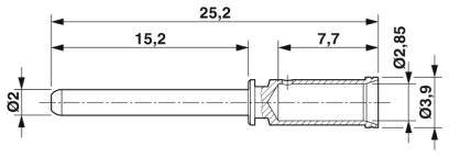 Technický výkres pera s rozměry: celková délka 25,2 mm, délky sekcí 15,2 mm a 7,7 mm, průměr 2 mm a 3,9 mm.