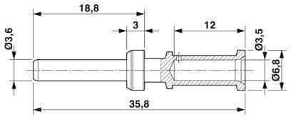 Technický výkres válcového konektoru s rozměry. Celková délka: 35,8 mm, průměr: 3,6 mm.