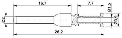 Technický výkres kolíku konektoru s rozměry: délka 26,2 mm, průměr 2 mm, 3,9 mm a detaily ke konstrukci a stavbě.
