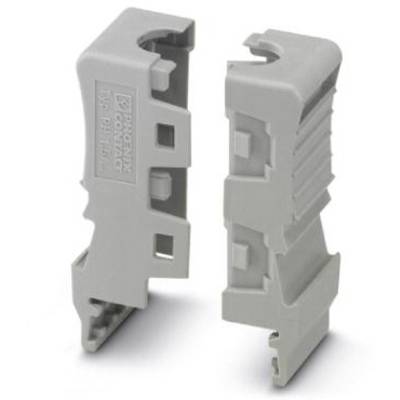 Dva šedé plastové kryty s výřezy, stojící vedle sebe, pravděpodobně určené pro elektrické komponenty.