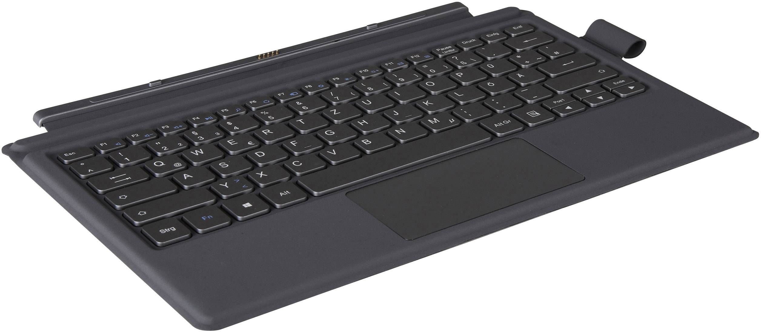 Černá externí klávesnice s integrovaným touchpadem. Je tenká a bezdrátová, vhodná pro použití s tablety nebo notebooky.