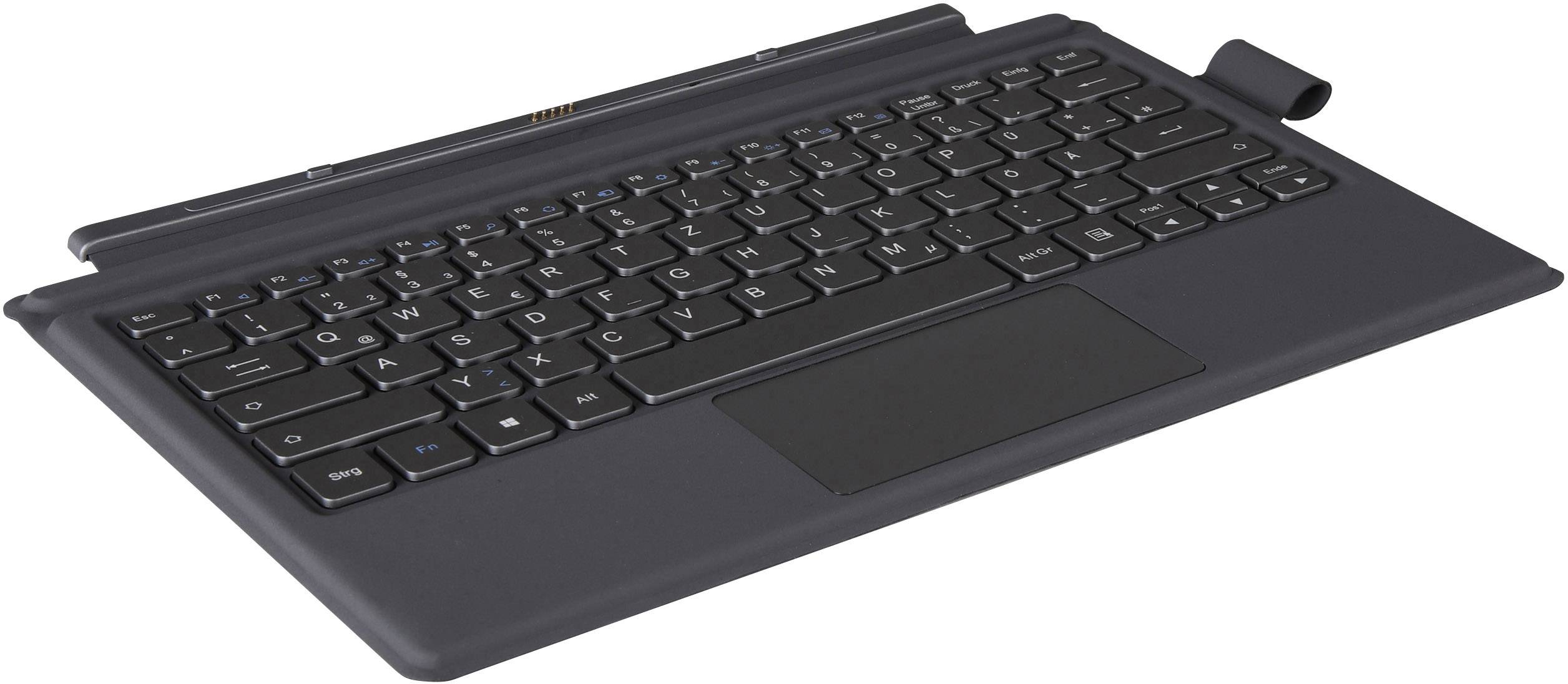 Černá, plochá počítačová klávesnice s integrovaným touchpadem; odnímatelný design pro tablety nebo laptopy, bez viditelných log značky.