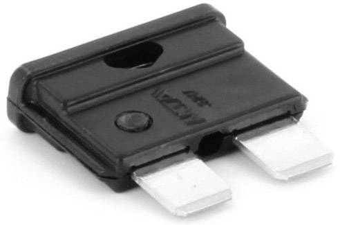 Černá plochá pojistka, typická pro elektronická zařízení, se dvěma kovovými kolíky a malým otvorem uprostřed.
