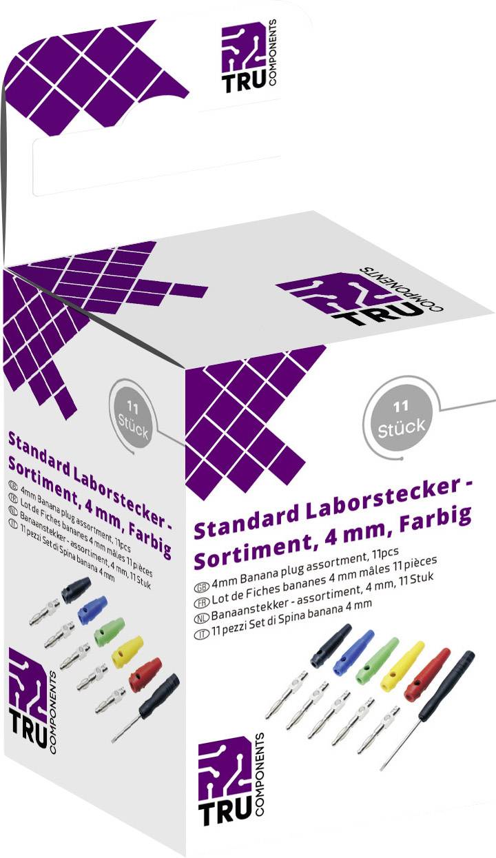 Balení s nápisem 'Standardní laboratorní sada zástrček, 4 mm, barevná, 11 kusů'. Na obrázku jsou barevné zástrčky.