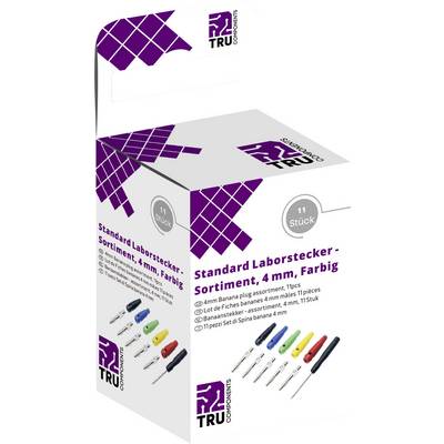 Balení s nápisem 'Standardní laboratorní sada zástrček, 4 mm, barevná, 11 kusů'. Na obrázku jsou barevné zástrčky.