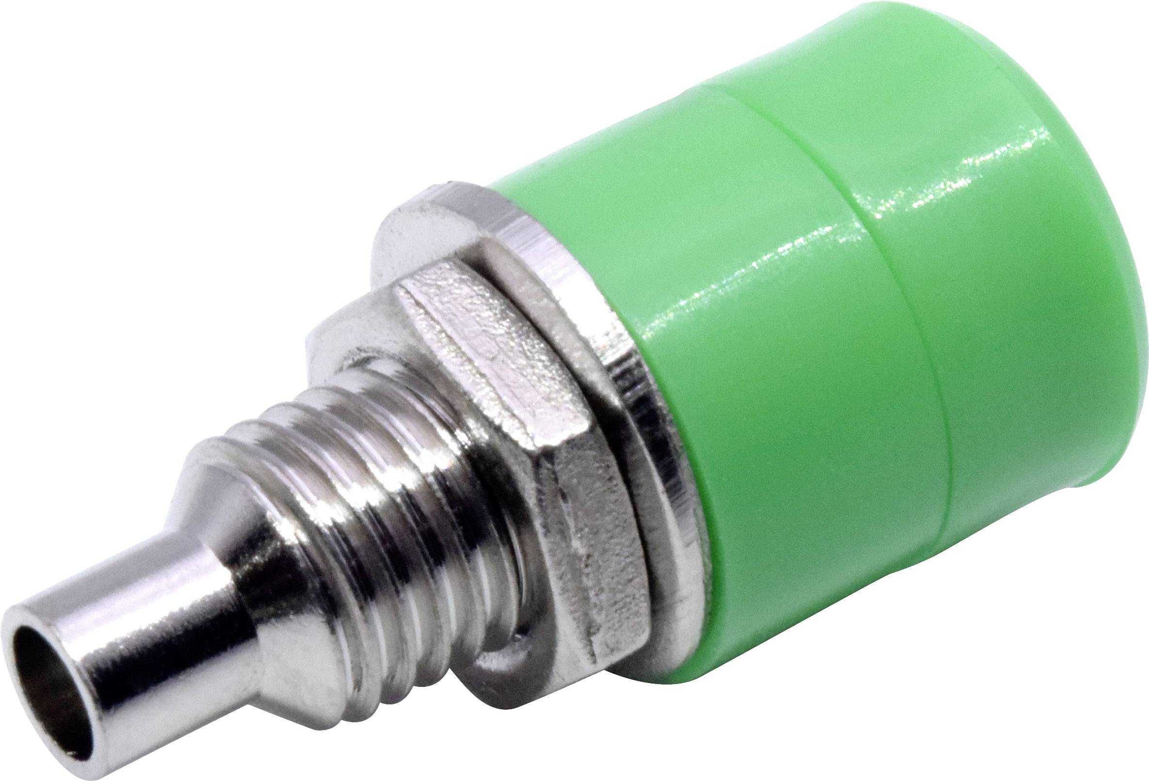Kovový konektor s zeleným plastovým pouzdrem, pravděpodobně určený pro pneumatické nebo hydraulické aplikace.
