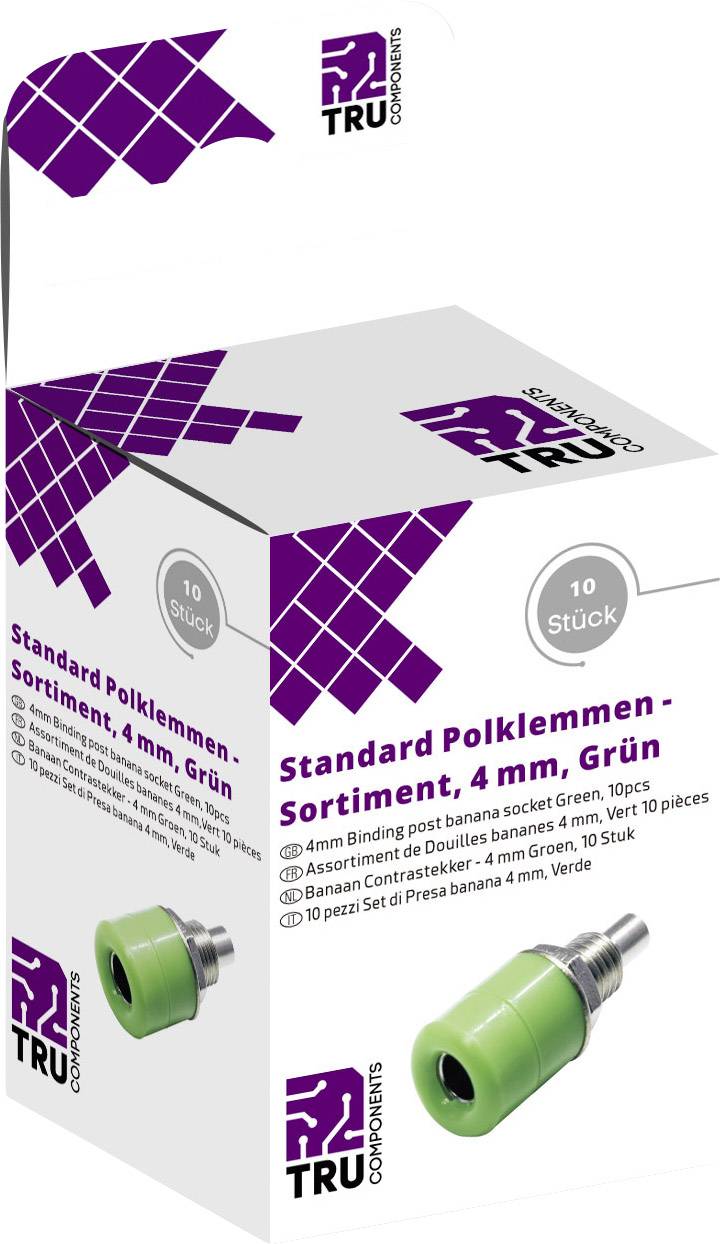 Balení pro 'Standardní sortiment pólových svorek, 4 mm, Zelené', zobrazuje zelený připojovací díl a obsahuje 10 kusů. Značka TRU Components.