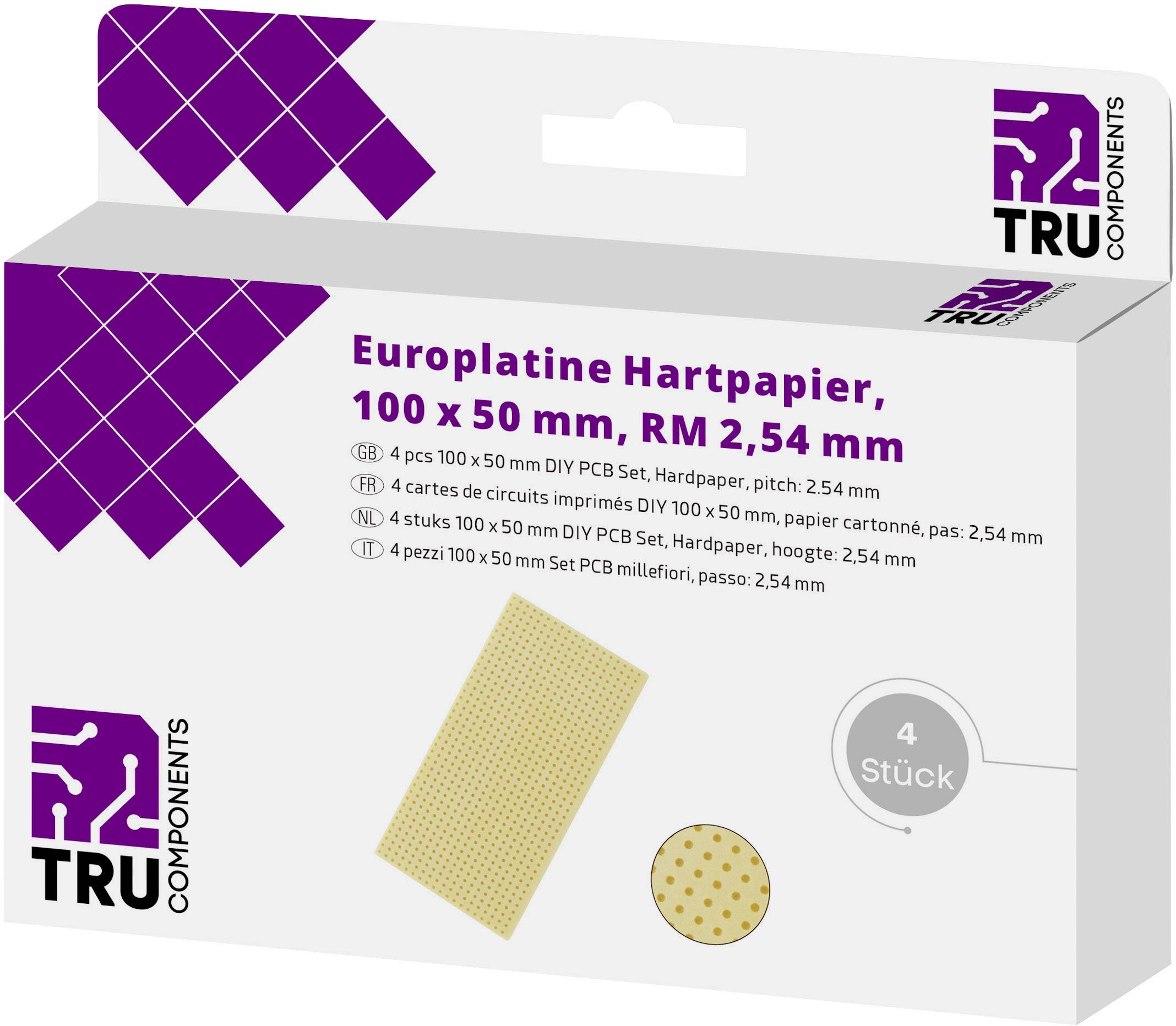 Europlatina tvrzený papír, 100 x 50 mm, RM 2,54 mm, na obalu startovací sady desek plošných spojů se symbolem Tronu ve fialové barvě, 4 kusy.