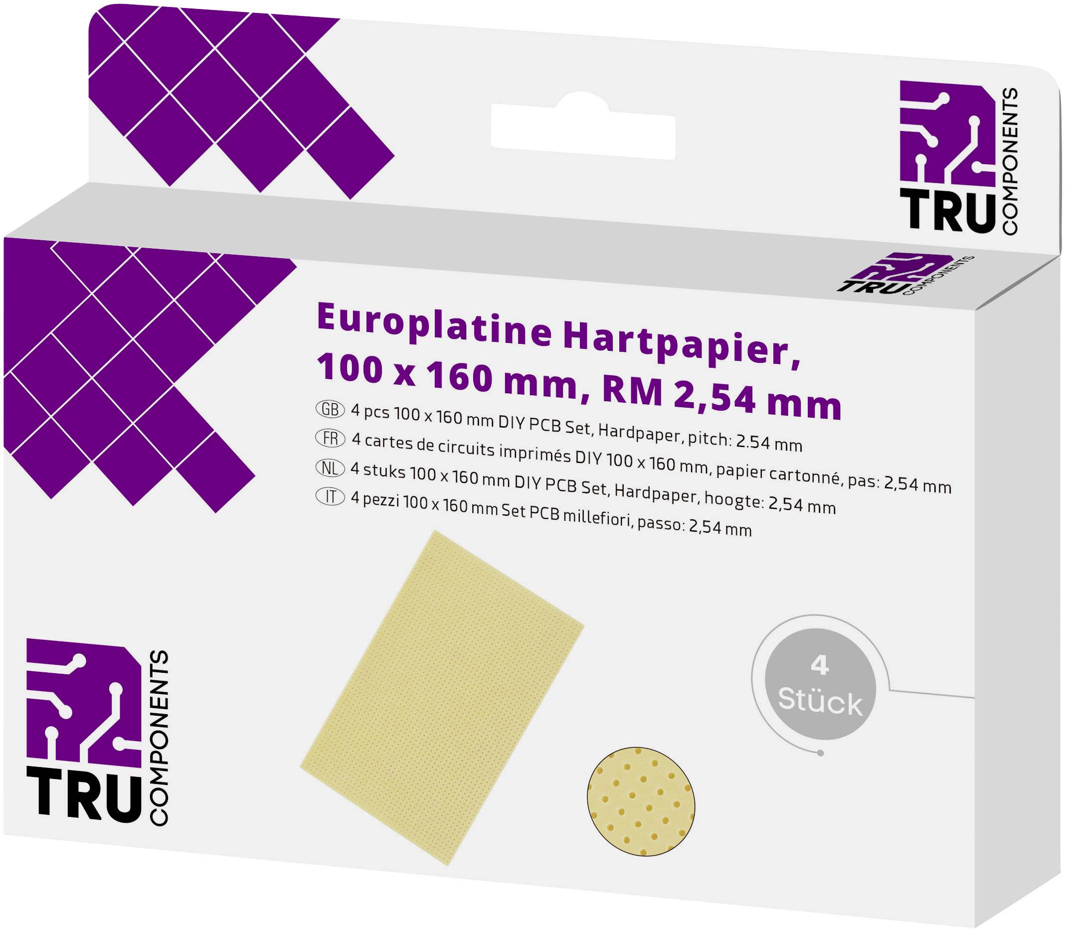 TRU COMPONENTS eurodeska bez CU vložky tvrzený papír (d x š) 160 mm x 100 mm 35 µm Rastr (rozteč) 2.54 mm Množství 4 ks