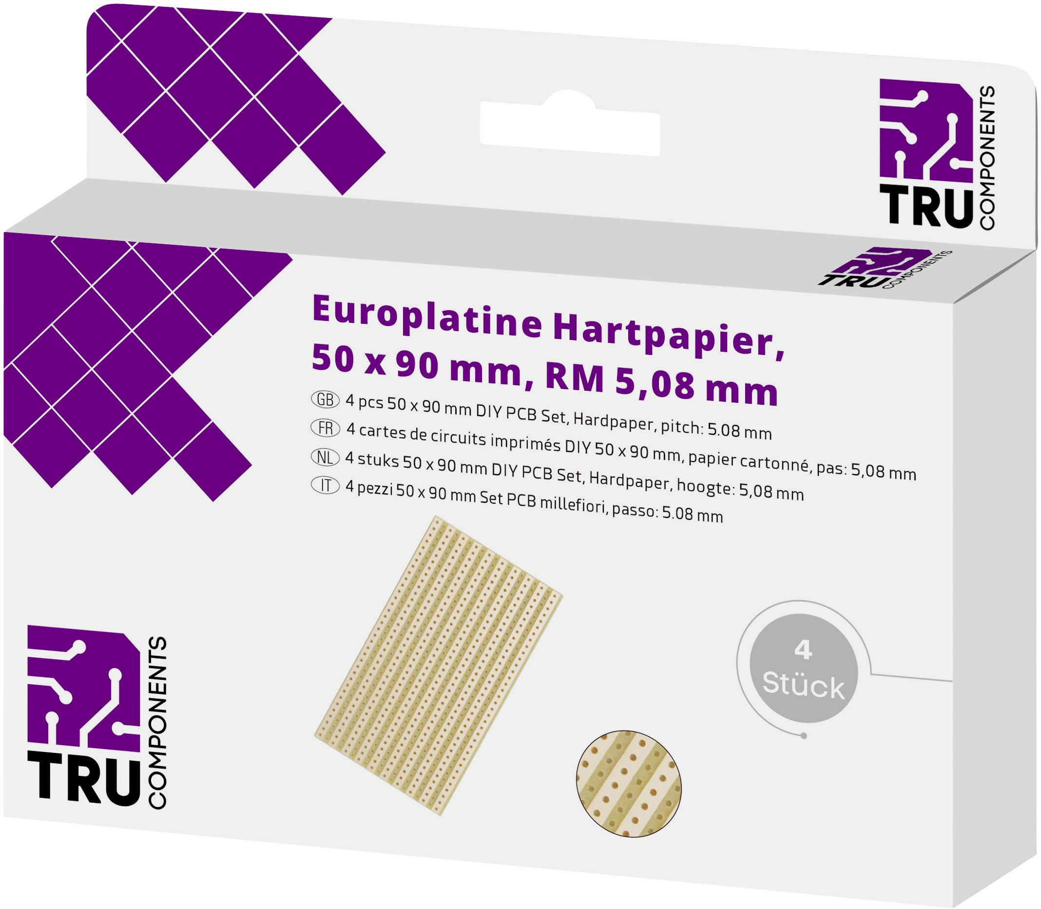 Krabice s europaletami z tvrdého papíru, 50 x 90 mm, rastrový rozměr 5,08 mm, obsahuje 4 kusy. Firemní logo 'TRU Components' v levém horním rohu.
