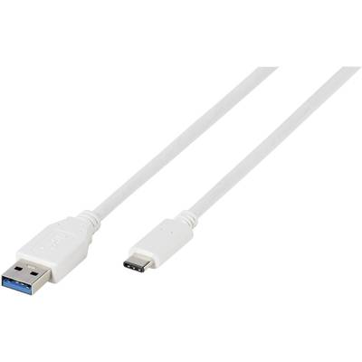 Bílý USB kabel s USB-A konektorem na levé straně a USB-C konektorem na straně pravé.