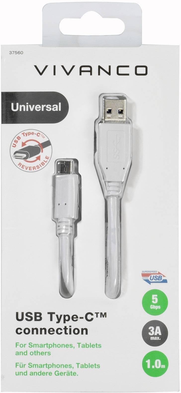 Vivanco USB Type-C propojení: Balení obsahuje USB Type-C a USB-A kabely, vhodné pro smartphony, tablety a další zařízení, podporuje rychlost přenosu dat 5 Gbps a nabíjecí výkon 3A.