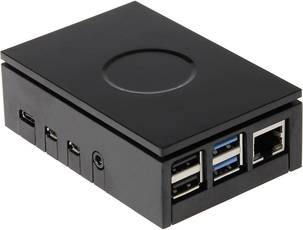 Černá počítačová skříň s několika USB porty a ethernetovým připojením, vhodná pro Raspberry Pi.