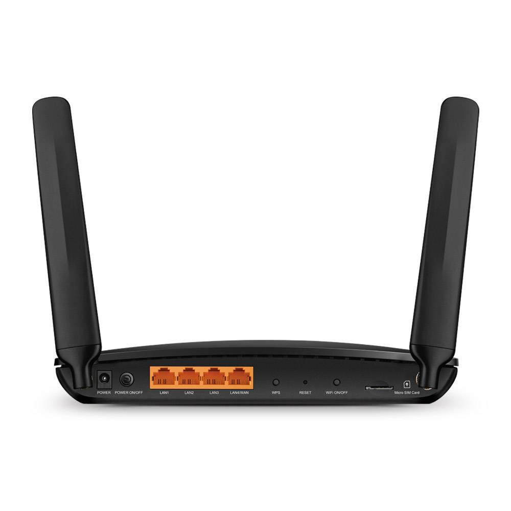 Černý Wi-Fi router se dvěma anténami a čtyřmi LAN porty na zadní straně, vhodný pro domácí i kancelářské prostředí.