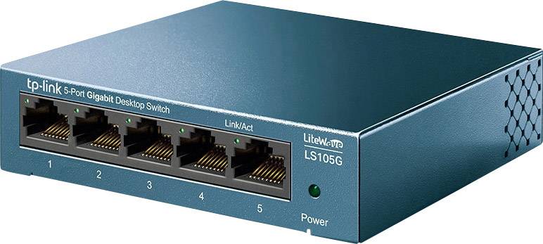 Modrý TP-Link 5-portový gigabitový stolní switch, model LS105G, s pěti ethernetovými porty na přední straně.