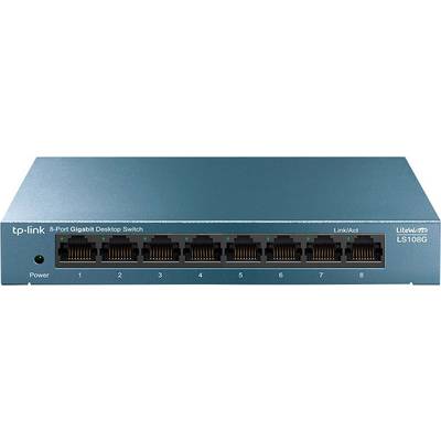 Síťový switch TP-Link s 8 gigabitovými ethernetovými porty a stavovými LED diodami. Model: LS108G.