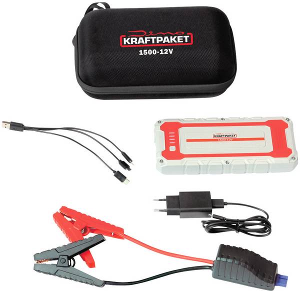 Dino KRAFTPAKET systém pro rychlé startování auta 12V 1500A 62.9Wh, 136150, max. startovací proud 500 A, pracovní osvětlení, elektronická ochrana, indikátor stavu nabití, SOS signalizační kontrolka, 2x USB konektor, elektronická ochrana a ochrana proti přepólování, ochrana proti přepólování, 1x výstup 12 V