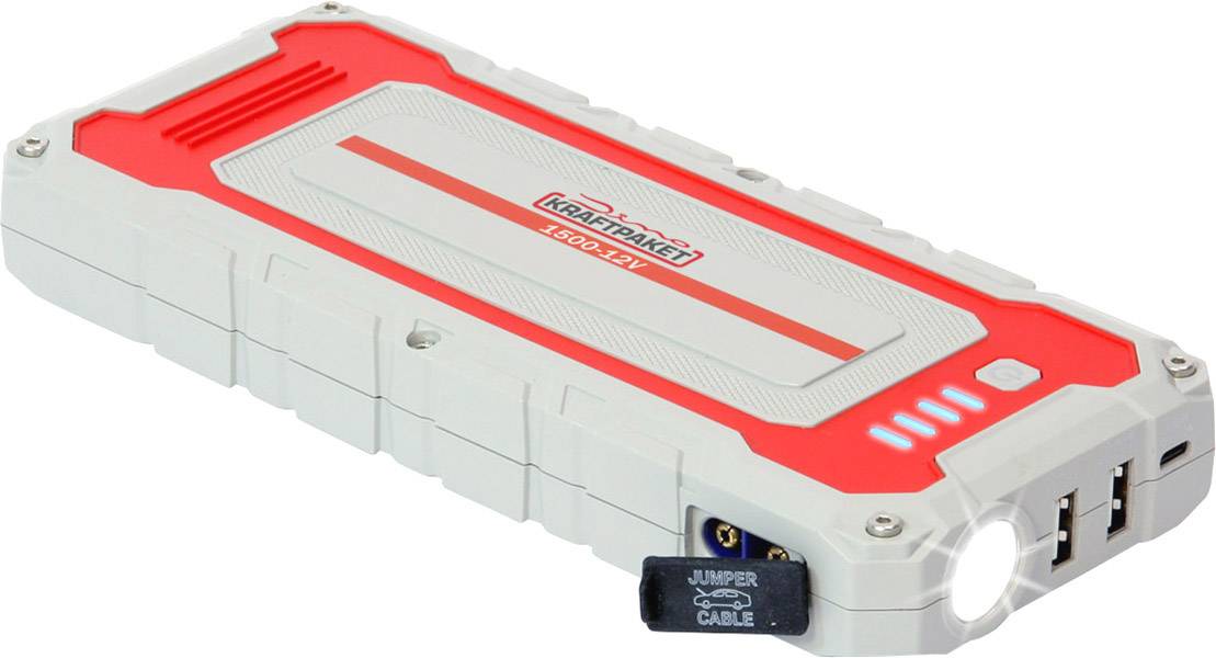 Nouzové startovací zařízení v bílo-červeném provedení s USB porty a LED svítilnou, vhodné pro autobaterie a mobilní zařízení.