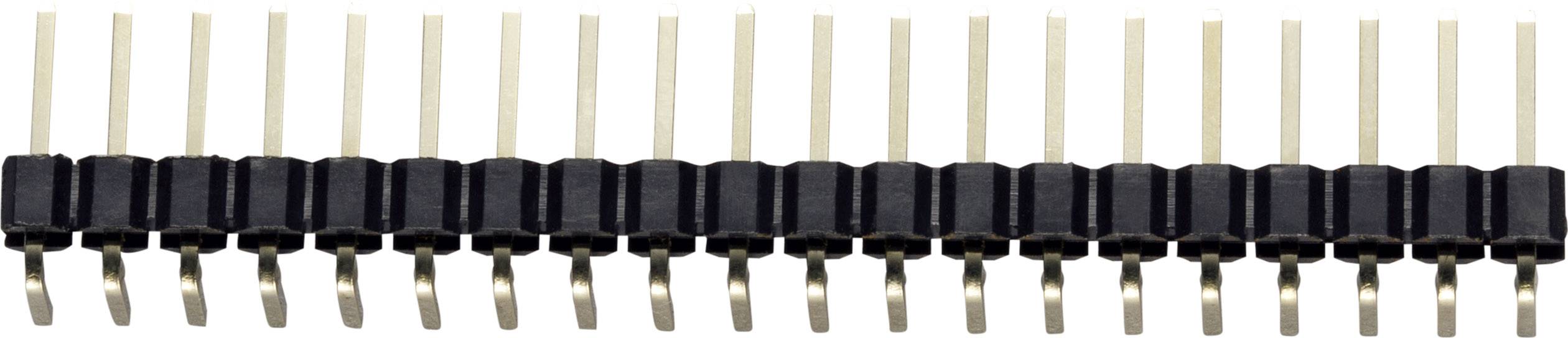 Vícepolový kolíkový konektor, typický pro elektronické spoje na tištěných spojích, s pravidelně rozmístěnými kovovými kolíky.