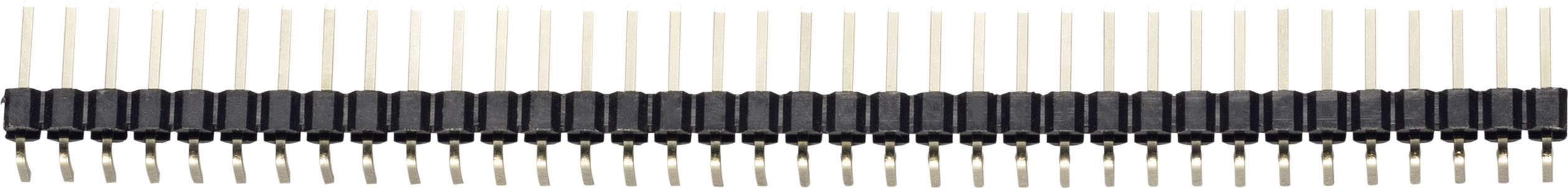 Řada kovových kolíků s černým plastovým pouzdrem, typická pro elektronické konektory na tištěných spojích.