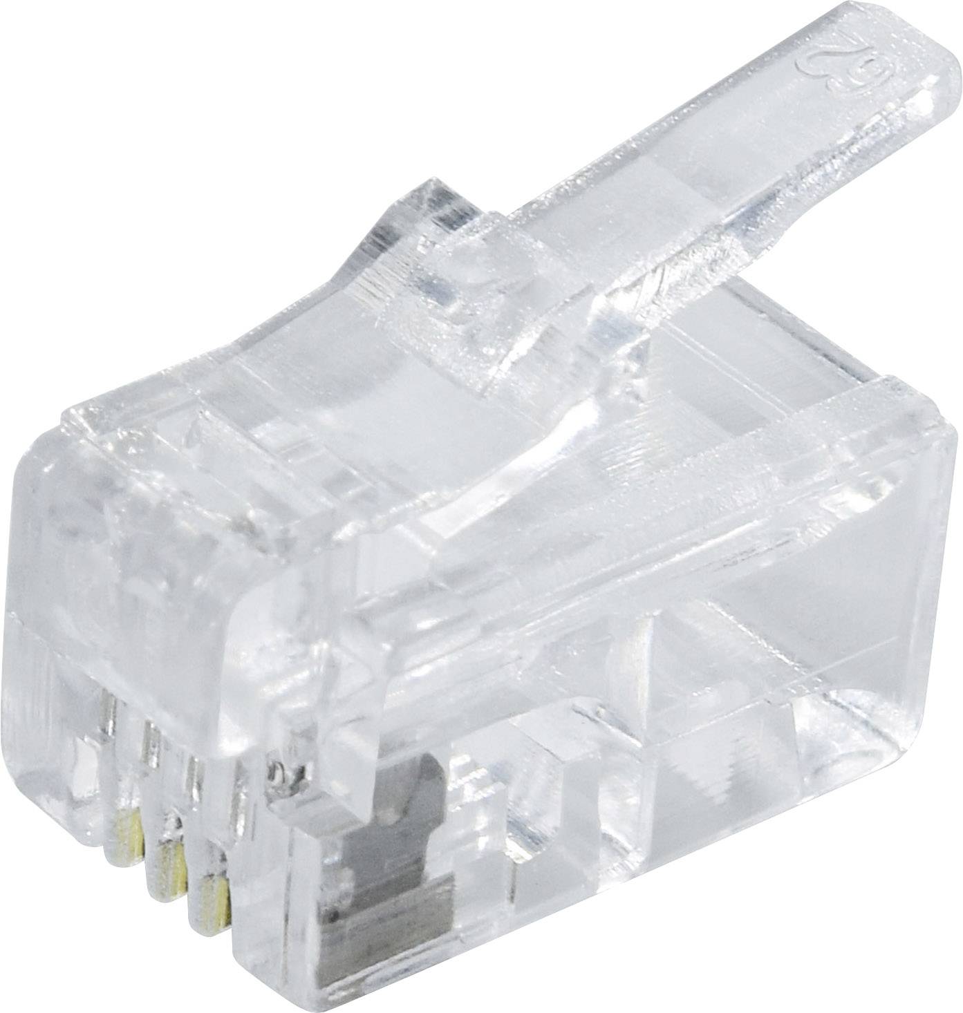 Průhledný síťový konektor RJ45 s osmi kovovými kontaktními kolíky.