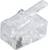 Průhledný síťový konektor RJ45 s osmi kovovými kontaktními kolíky.
