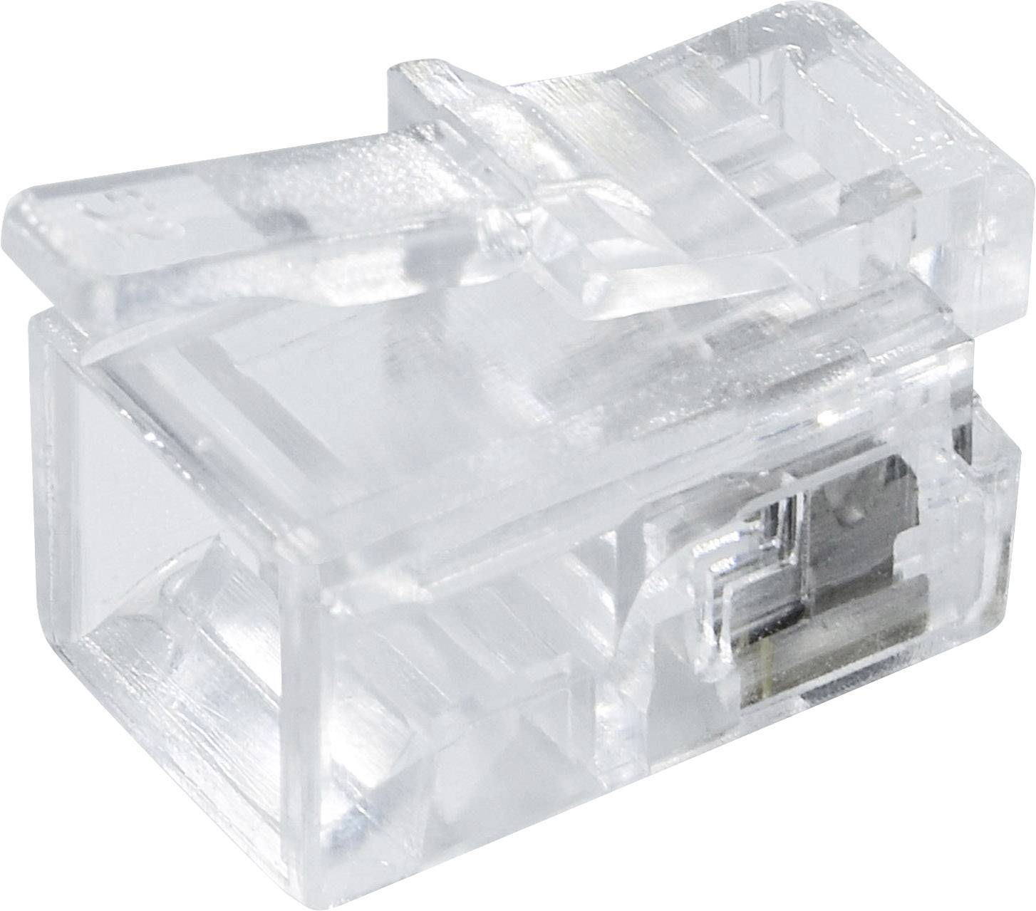 Průhledný RJ45 konektor pro ethernetový kabel, detailní pohled určený pro použití v počítačových sítích.