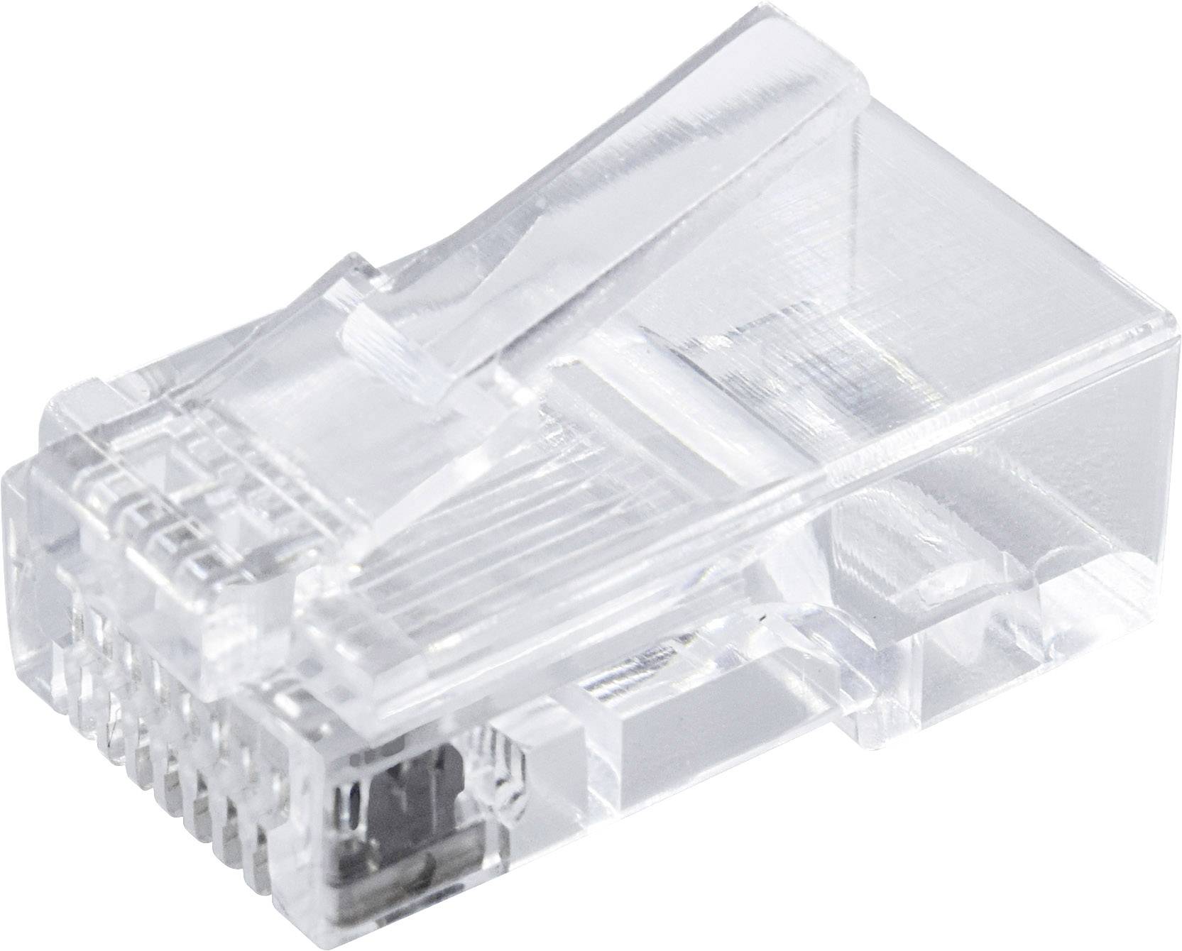 Průhledný síťový konektor RJ-45, který se používá pro připojení ethernetových kabelů v počítačových sítích.