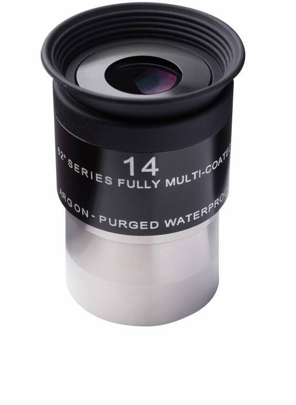 Dalekohledový okulár s nápisem '14 mm série Fully Multi-Coated, Argon-Purged Waterproof', černé tělo, stříbrná základna.