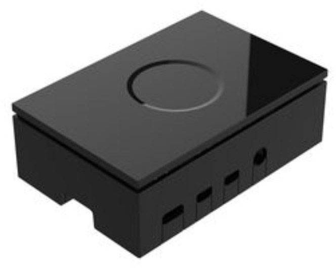 Malá, obdélníková, černá elektronická součástka s hladkým povrchem a kruhovým prohlubením uprostřed.