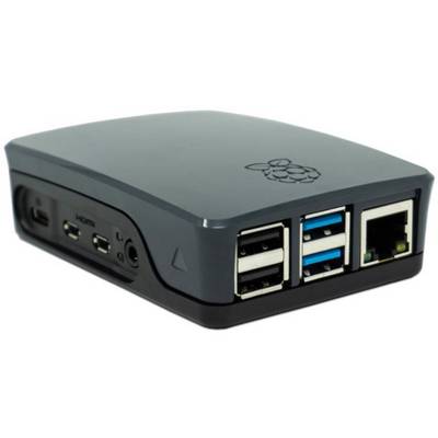 Černá skříň pro počítač s jednou deskou plošných spojů s několika USB a síťovými porty, vedle nichž se nacházejí HDMI a audio konektory.