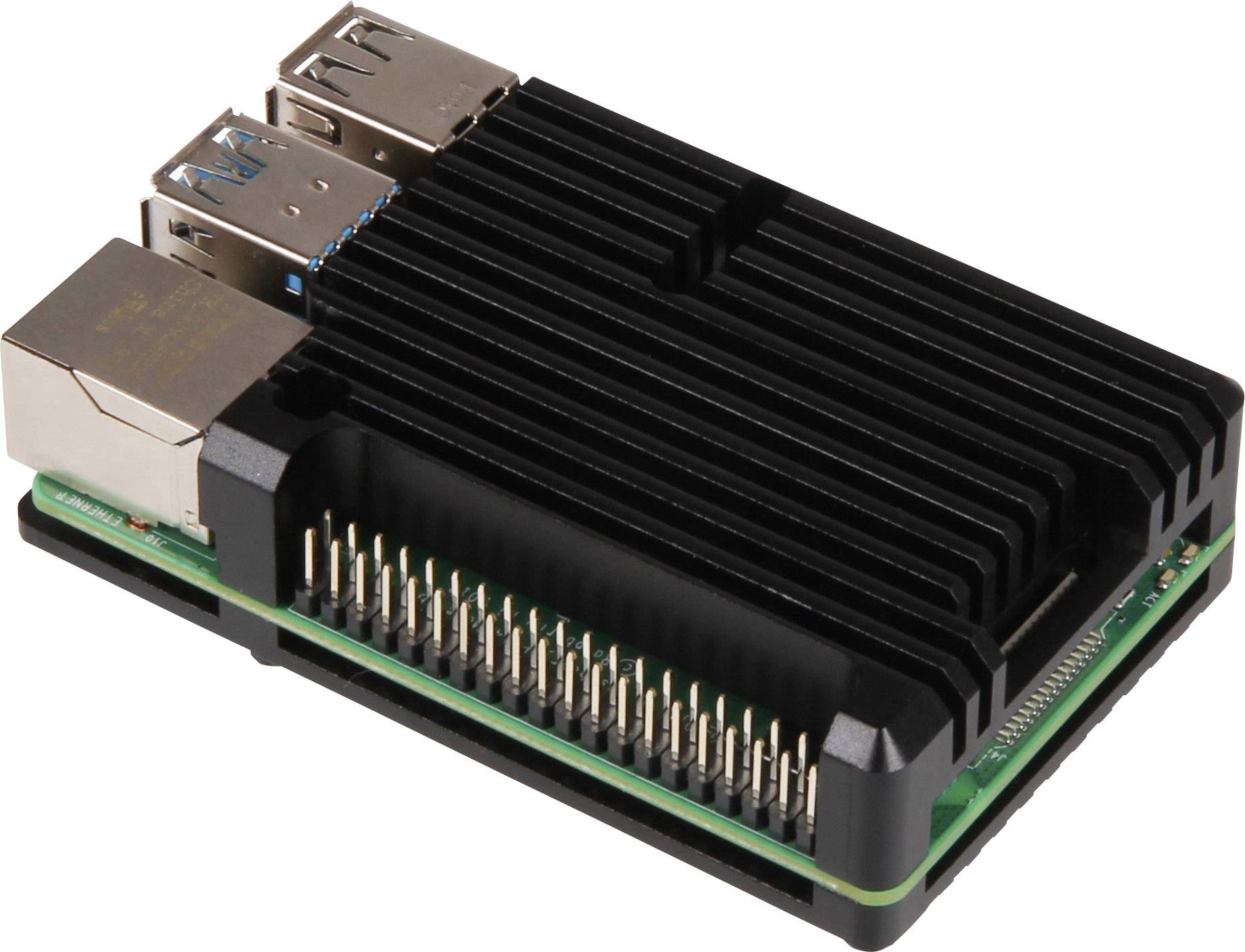 Malý jednostránkový počítač s několika USB porty, ethernetovým rozhraním a krytem na topení, často využívaný pro programátorské projekty.