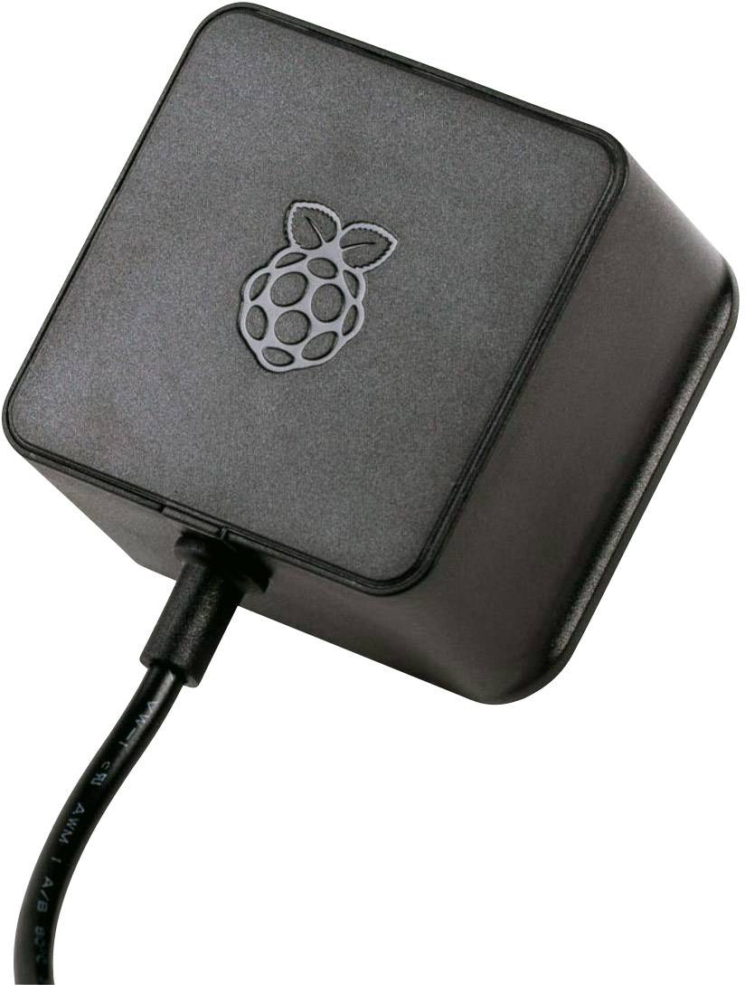 Černý napájecí adaptér s kabelem a logem Raspberry nahoře, vhodný pro zařízení Raspberry Pi.