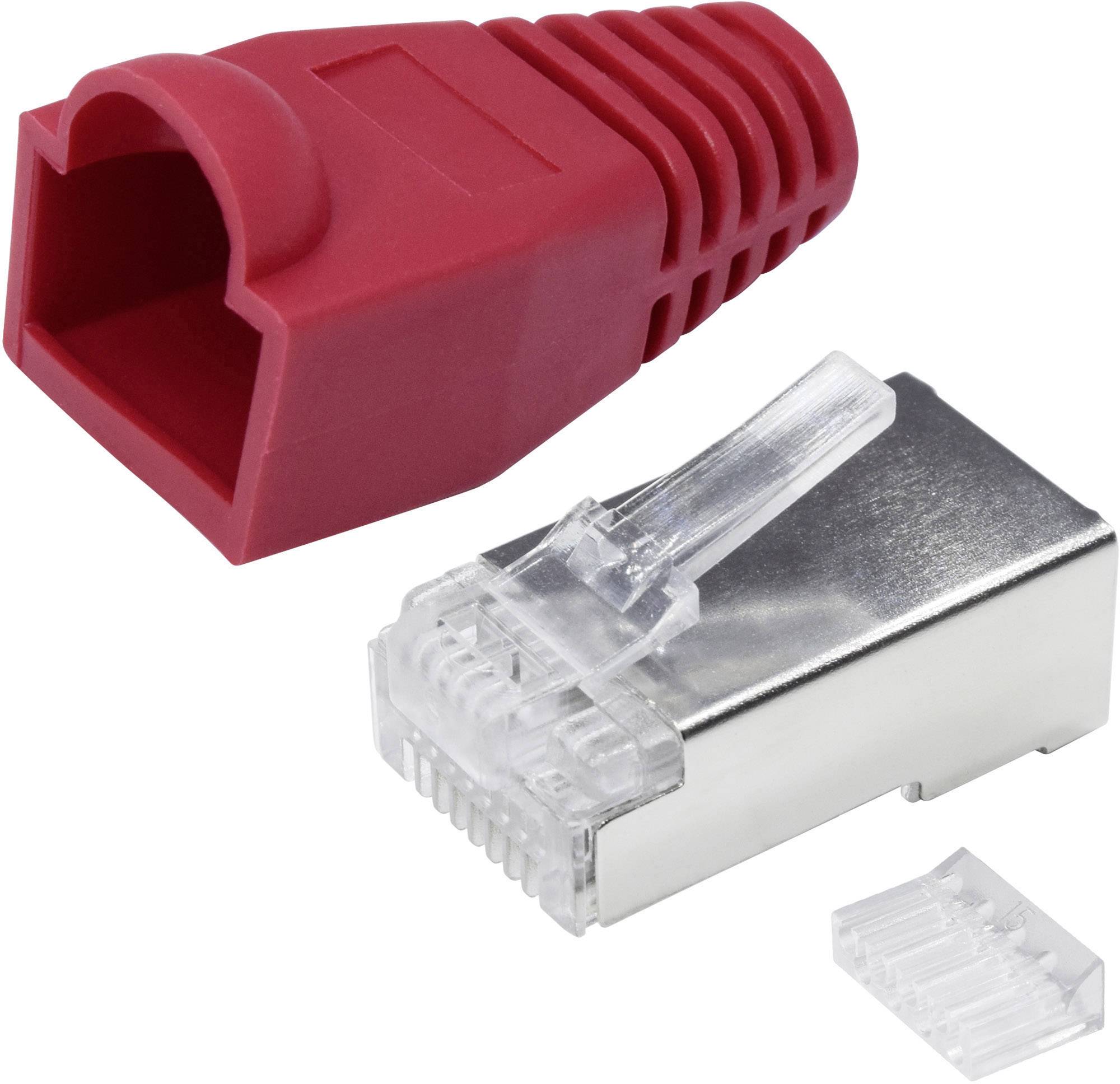 Červené pouzdro konektoru RJ45 a stříbrný konektor RJ45 s průhlednou krytkou, ležící vedle sebe na bílém pozadí.